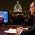 Jack Smith sits at a table with laptop and a monitor showing Donald Trump