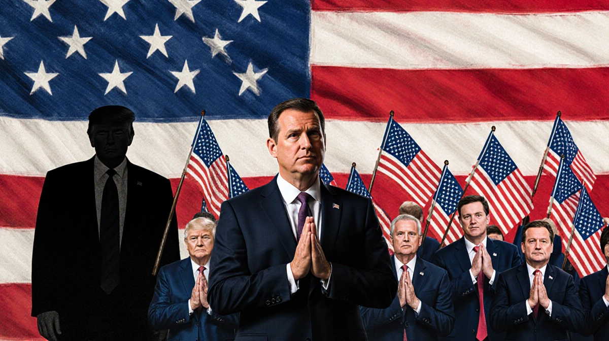 Jack Smith stands in front of a large American flag with Trump looming in background and co-conspirators united behind him.