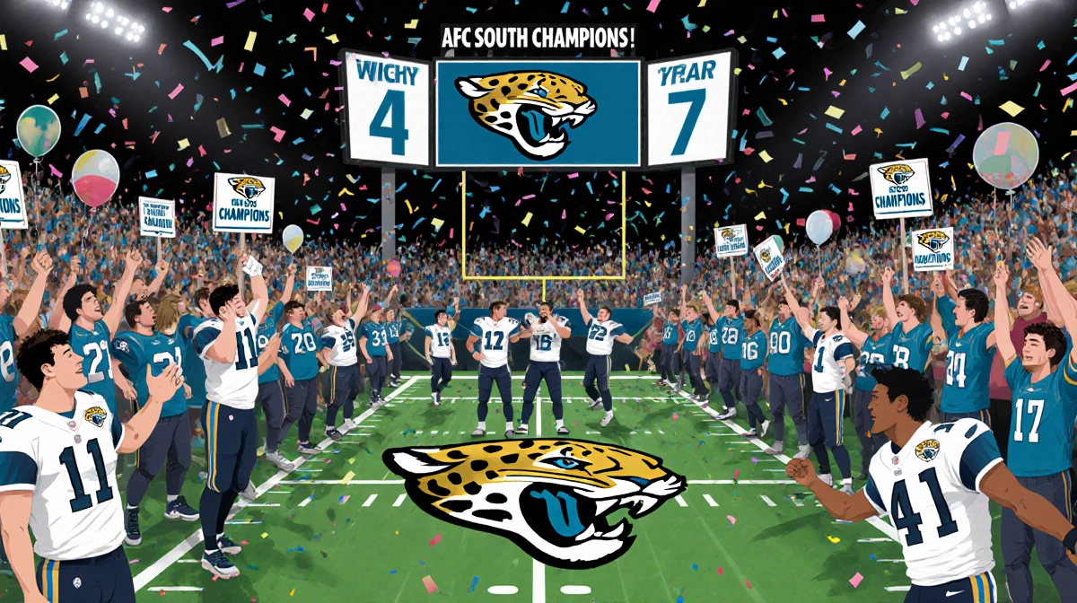 Jaguars quarterback celebrates with team as confetti rains fans holding AFC South Champions signs and scoreboard reads 41-7