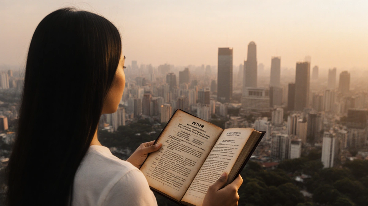 Young Indonesian woman stands holding the new Penal Code with Jakarta skyline glowing at sunset.