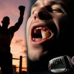 Jake Paul displays fractured jaw while Anthony Joshua silhouette raises arms in sunset and boxing gloves lie discarded.