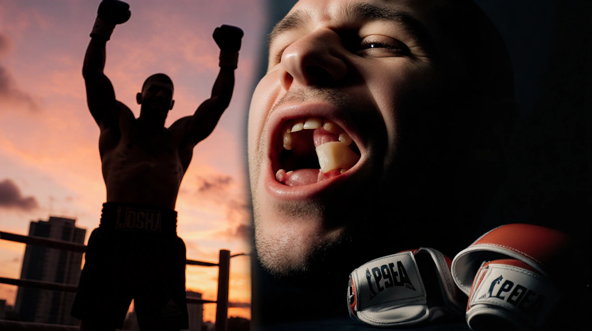 Jake Paul displays fractured jaw while Anthony Joshua silhouette raises arms in sunset and boxing gloves lie discarded.