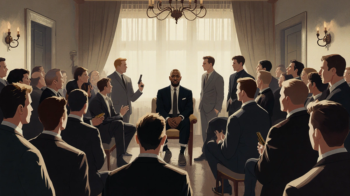 Denis Villeneuve observes a crowded room discussing James Bond casting speculation with dim lighting and actor silhouettes