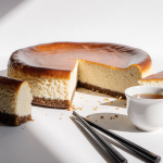 Japanese cheesecake shows a slice lifted revealing fluffy interior with chopsticks and tea cup beside