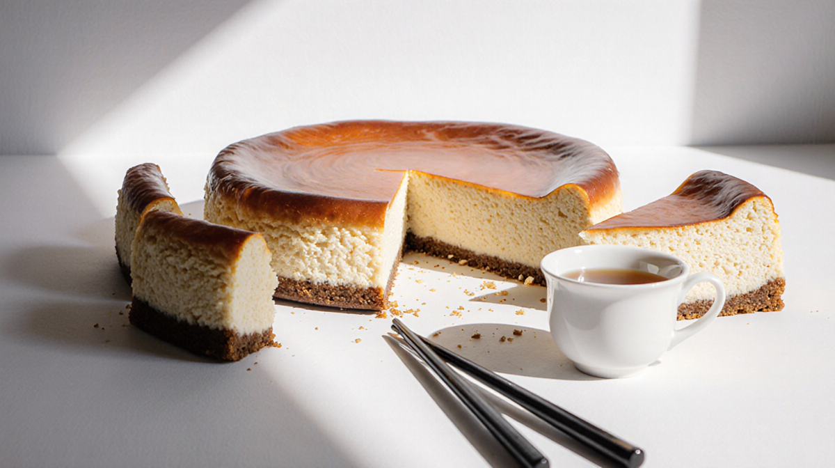 Japanese cheesecake shows a slice lifted revealing fluffy interior with chopsticks and tea cup beside