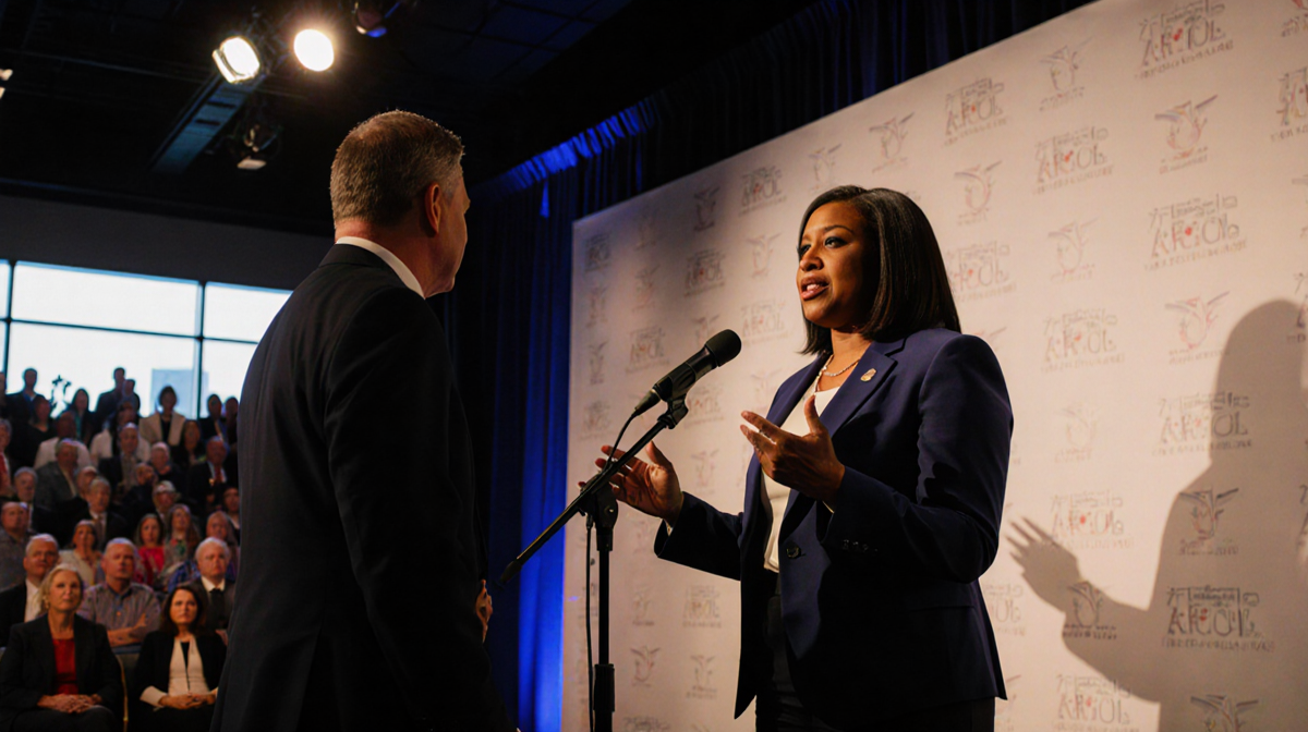 Jasmine Crockett speaking with a spotlight on her face while Talarico faces her across the hall Texas AFL‑CIO windows behind.