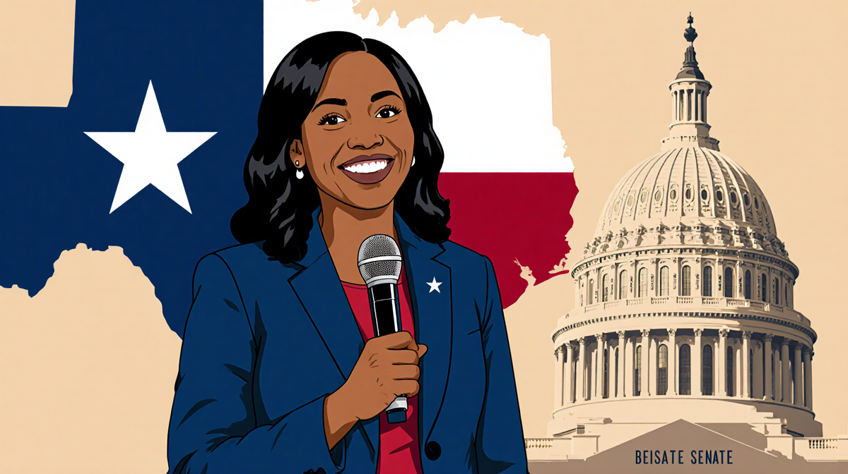 Jasmine Crockett stands confidently holding a microphone with Texas State Senate title and Texas map behind her