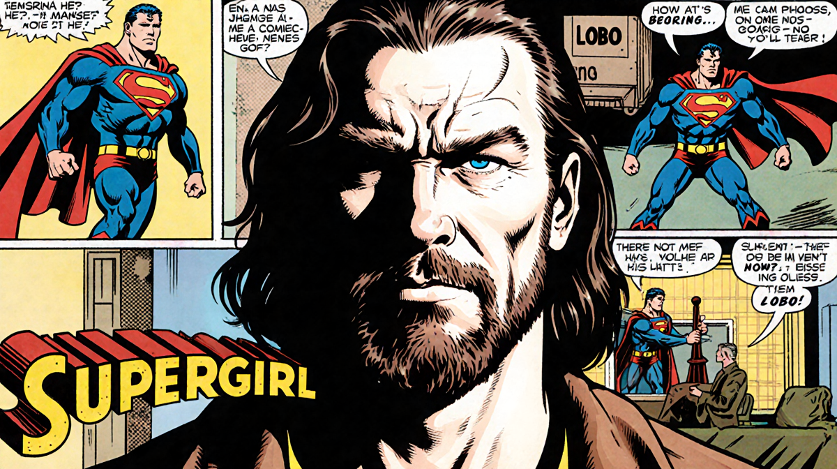 Jason Momoa smiles with comic panels of Lobo and a Supergirl logo in the foreground.