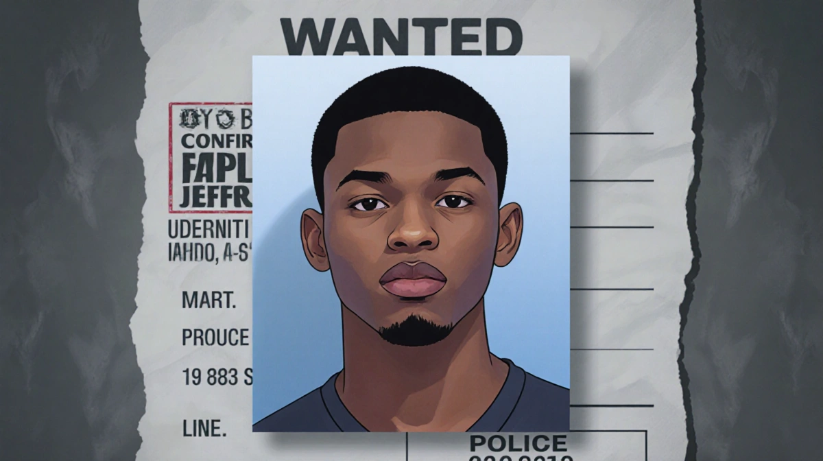 Young adult male poses in mugshot with neutral expression and blurred background showing faint WANTED stamp on police paper.