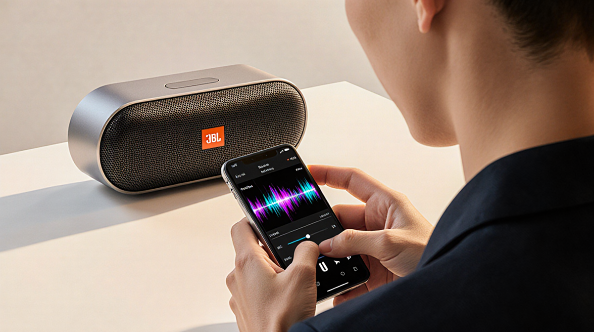 Hands adjusting JBL BandBox Solo speaker with smartphone waveform of rock guitar solo