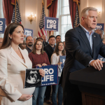 Vice President JD Vance speaking at podium with pregnant wife holding ultrasound image amid pro‑life supporters in Washington