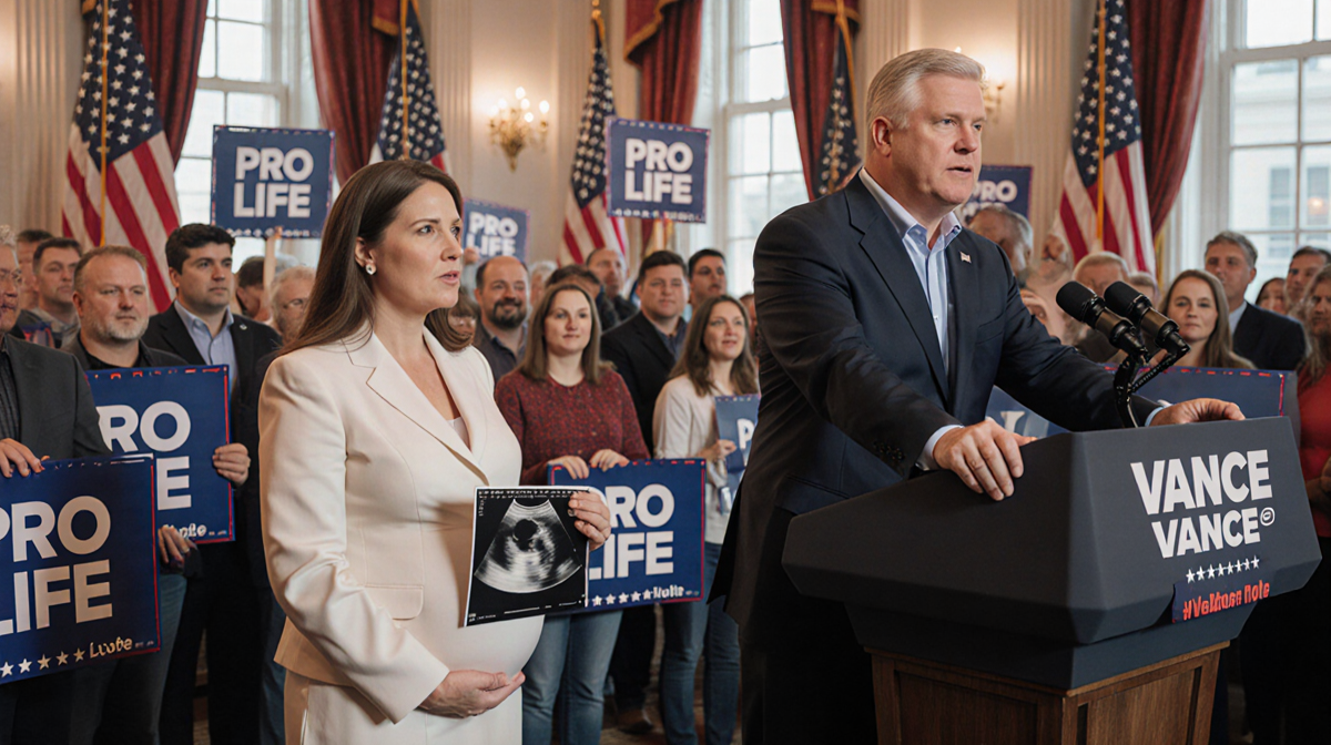 Vice President JD Vance speaking at podium with pregnant wife holding ultrasound image amid pro‑life supporters in Washington