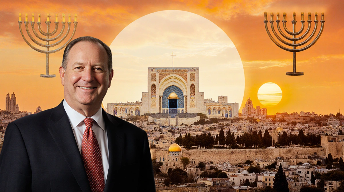 Jeffrey R. Holland standing before Jerusalem sunset skyline with satellite campus center and interfaith arches in background
