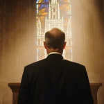 Jeffrey R. Holland stands at the podium with warm golden light behind him and subtle stained glass in the Mormon Tabernacle
