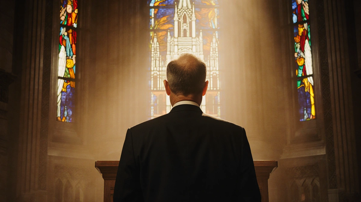 Jeffrey R. Holland stands at the podium with warm golden light behind him and subtle stained glass in the Mormon Tabernacle