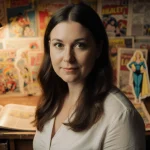 Jen Sorensen stands with vintage comic books and paper cutouts on worn wooden desk with warm lamplight showing her direct gaz