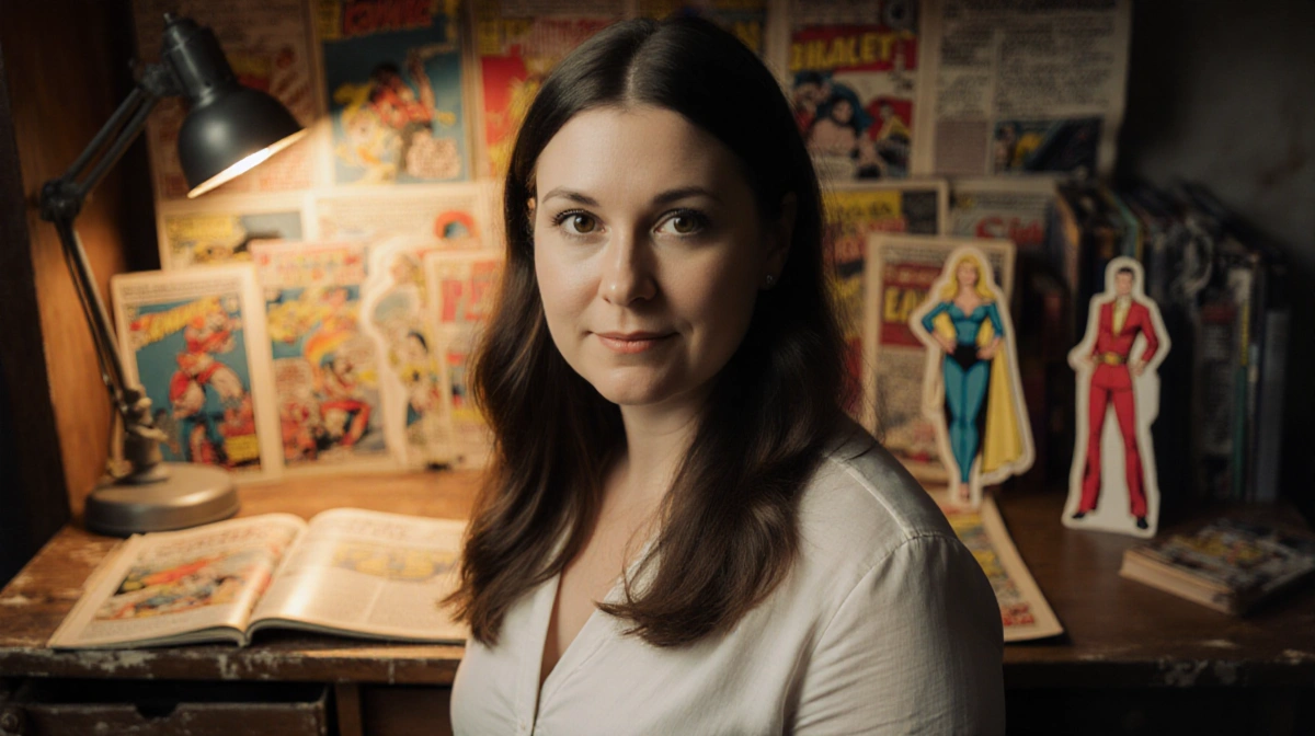 Jen Sorensen stands with vintage comic books and paper cutouts on worn wooden desk with warm lamplight showing her direct gaz