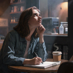 Jen Sorensen sketches with a sketchbook and pen in a dim coffee shop with warm glow.