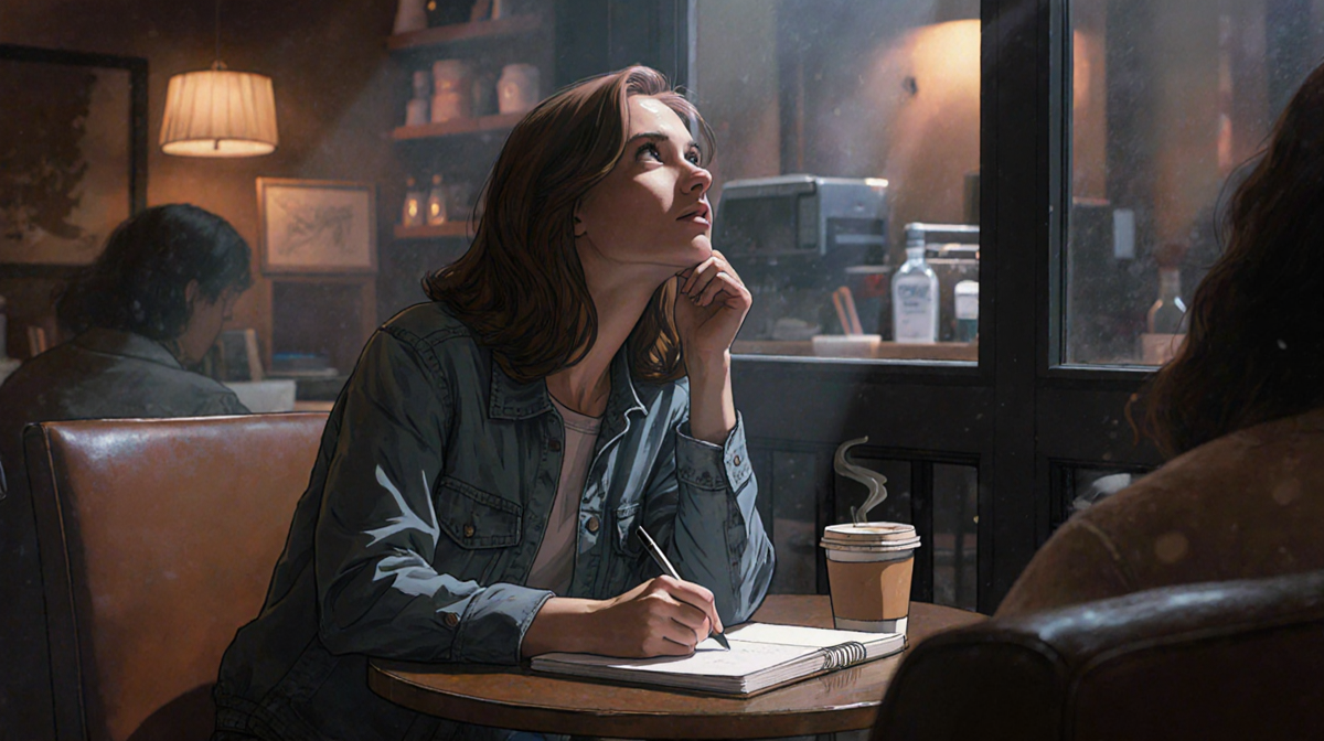 Jen Sorensen sketches with a sketchbook and pen in a dim coffee shop with warm glow.