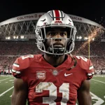Jeremiah Smith standing at midfield with faded Ohio State jersey and Miami helmet while a football tosses through the air wit