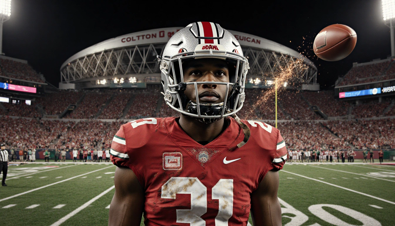Jeremiah Smith standing at midfield with faded Ohio State jersey and Miami helmet while a football tosses through the air wit