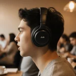 Person wearing JLab JBuds Open headphones in coffee shop with warm lighting and open-back design visible