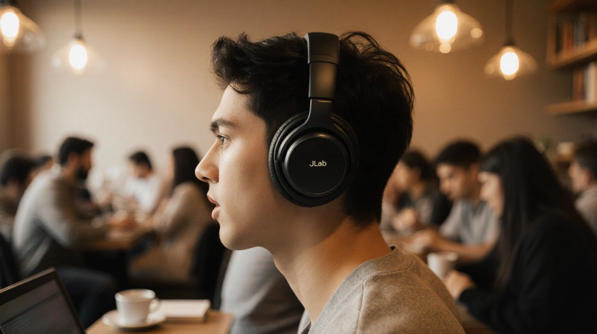 Person wearing JLab JBuds Open headphones in coffee shop with warm lighting and open-back design visible