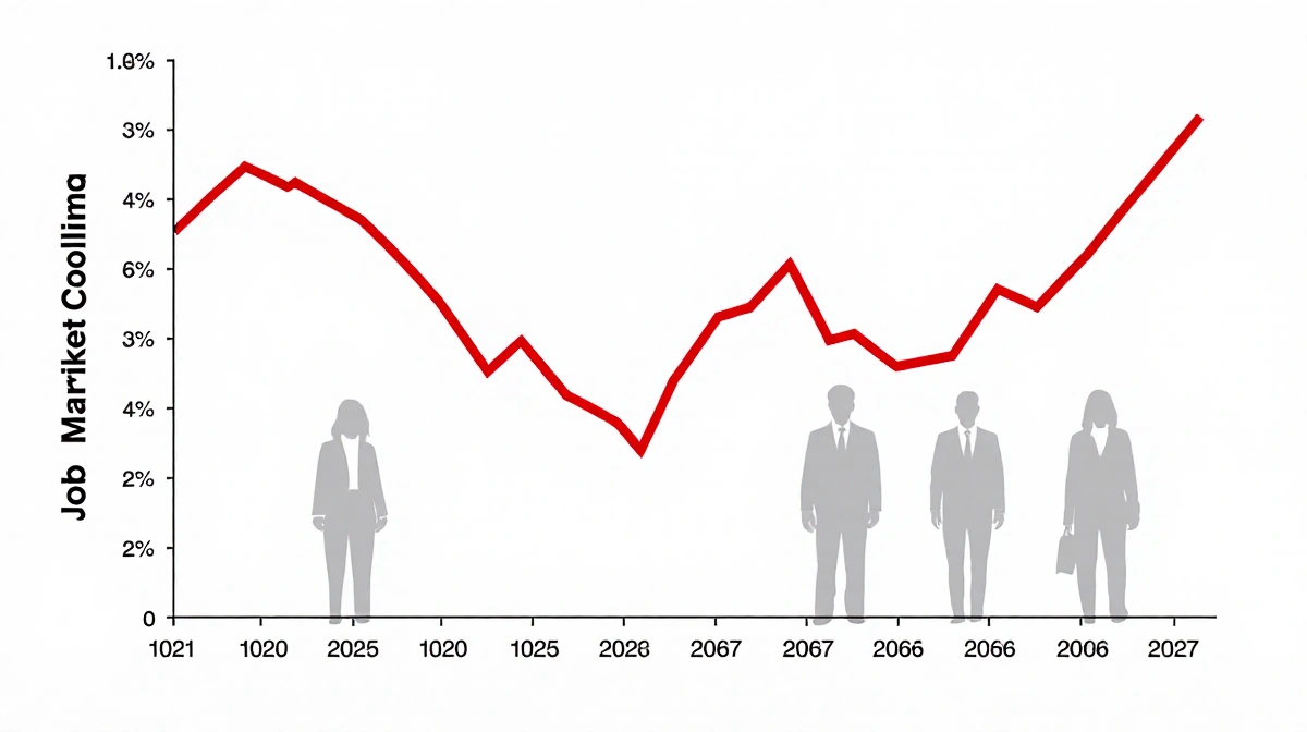 Red line descending on a graph with a 4.6% unemployment marker and fading job seeker silhouettes in background.