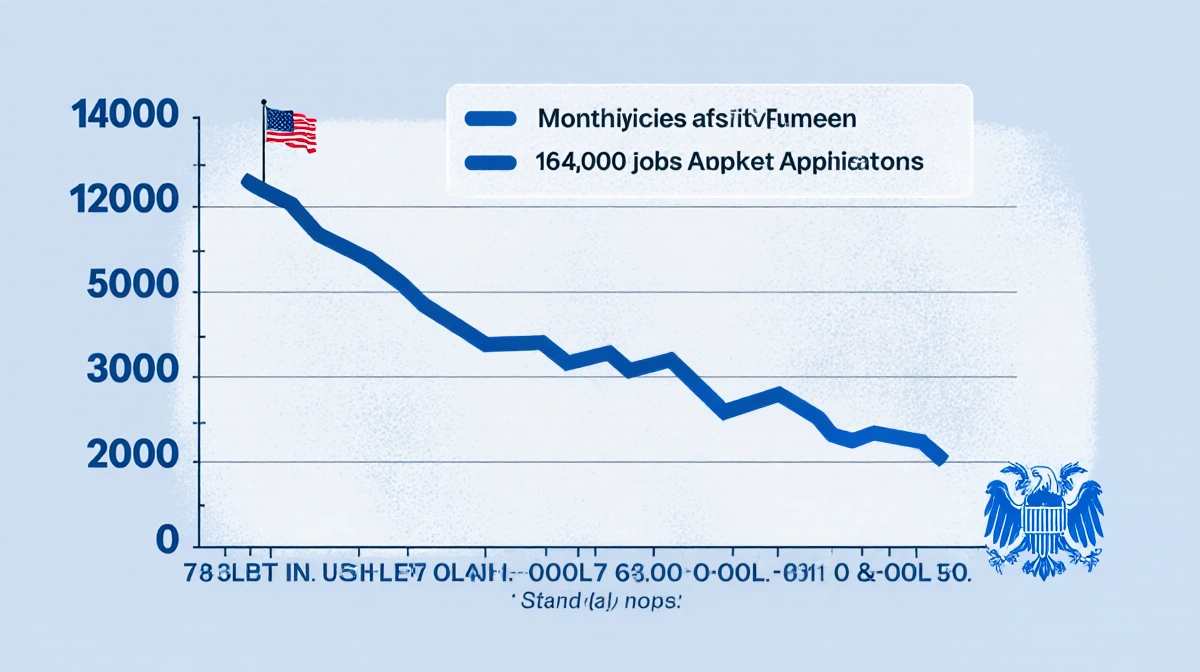 Line chart illustrating monthly decline in US jobless benefit applications with blue trend line and American flag icon