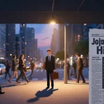 Figure holding a briefcase looks down under a dim skyscraper with a faint job market chart and jobless claims headline