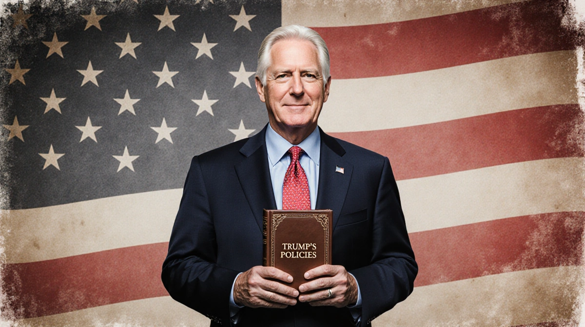 John Cornyn stands before American flag holding leather book titled Trump Policies with confidence.