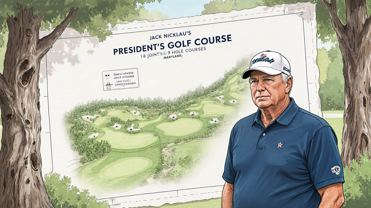 Jack Nicklaus standing beside a blueprint of the renovated golf course with worn tree bark and faded signage.