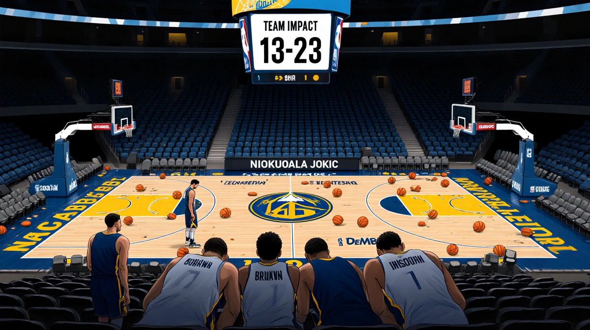 Players huddling in an arena after injury with a scoreboard reading 13-23 and a court with basketballs Aaron Gordon worried.