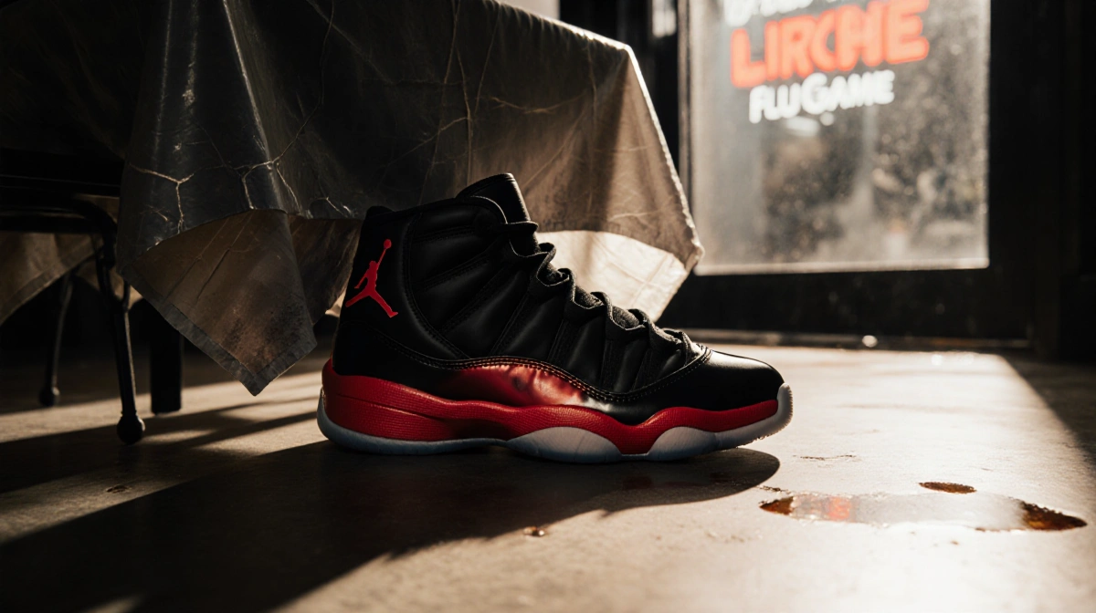 Jordan 12 sneakers resting on polished concrete floor with cracked vinyl tablecloth and blurred restaurant sign reflection.