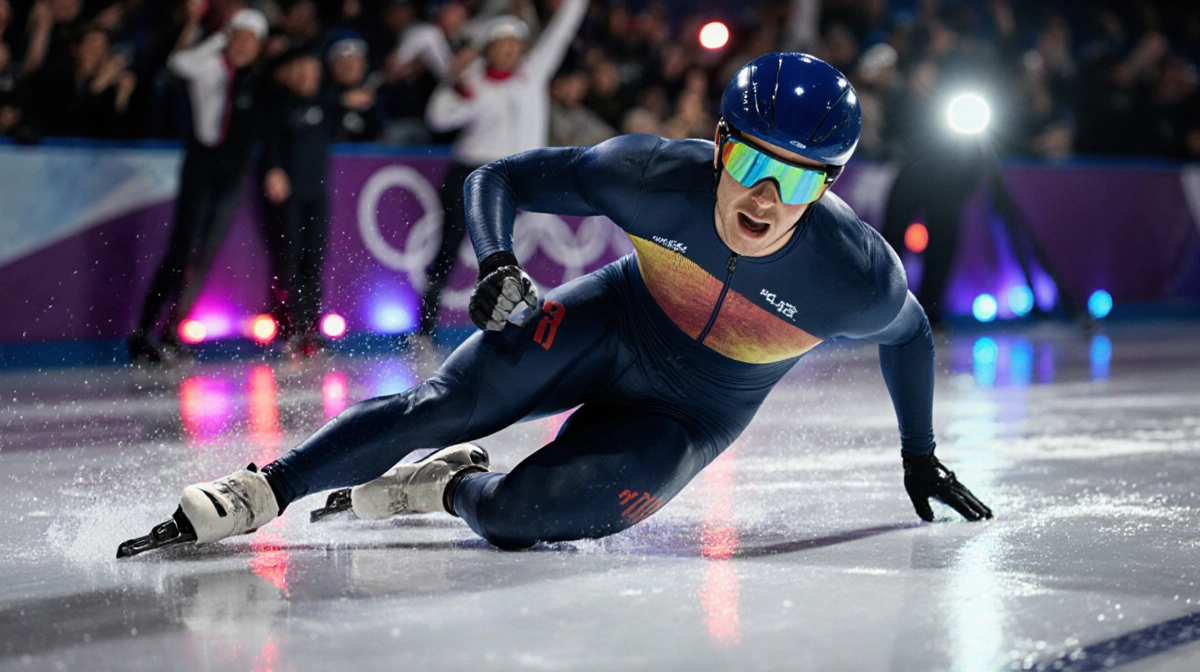 Jordan Stolz falling on the ice with speedskating skates and a spotlight on his face with LED lights reflecting around him