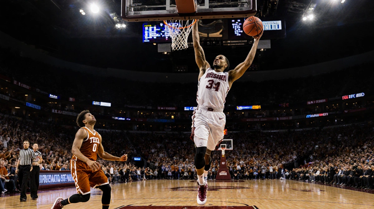 Josh Hubbard shoots a three-point basketball shot in overtime with scoreboard reading 101‑98 and fans cheering in background