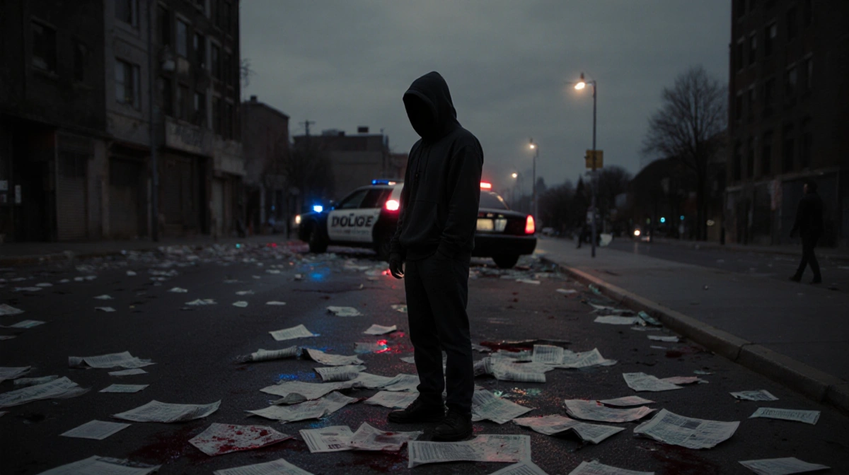Journalist in hoodie holding scattered papers with ink‑stained pavement and a fading police car in background.