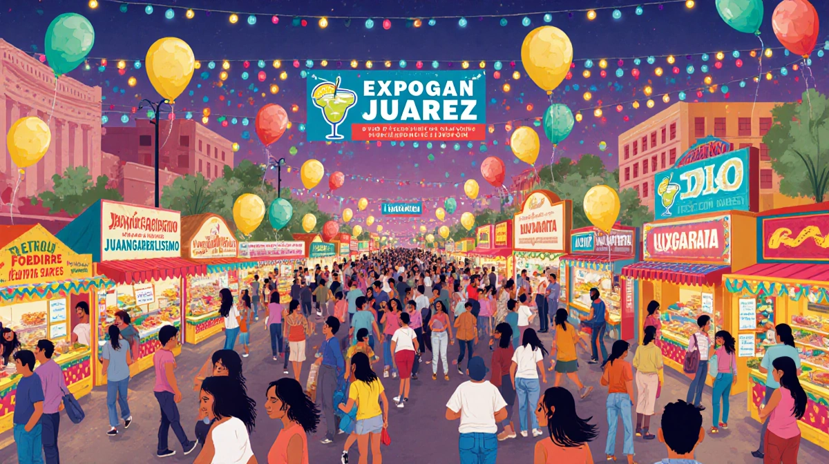 Crowds dancing around food stalls with festive lights and Expogan Juarez banners.