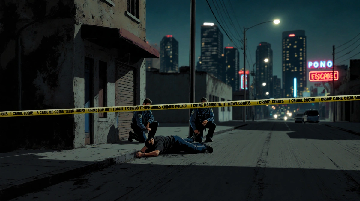 Man lying on neon-lit street with police kneeling beside him and crime scene tape near rundown building