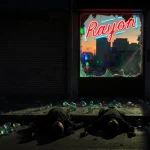 Two men lie motionless on a street with glass bottles and a flickering neon sign above a shuttered storefront.