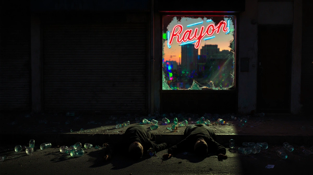Two men lie motionless on a street with glass bottles and a flickering neon sign above a shuttered storefront.