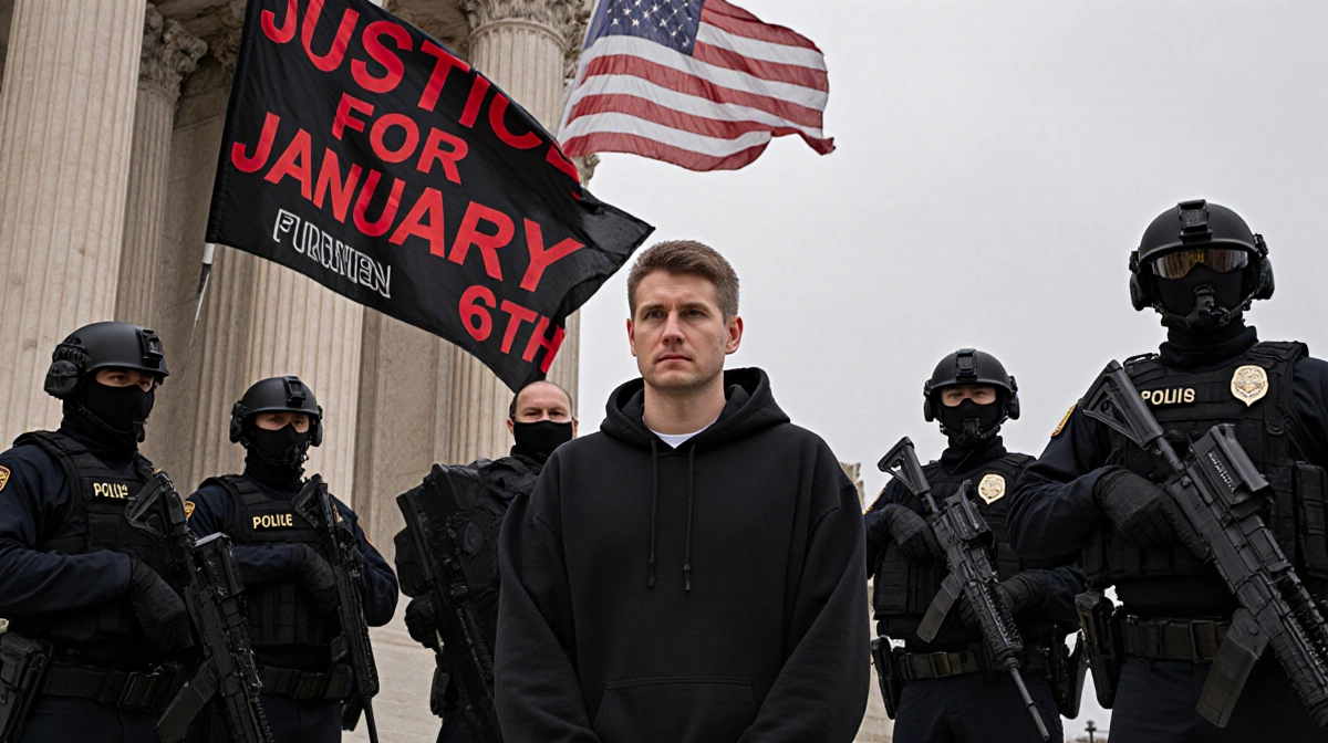Judge standing outside courthouse with officers in tactical gear and a flag and protest banner with red letters