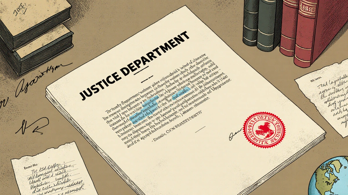 Red stamp marks formal legal document with Justice Department on desk surrounded by dusty law books