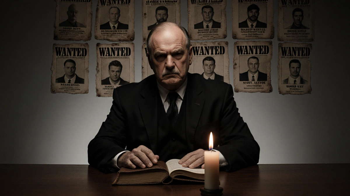 Justice of the peace sits with worn leather-bound book and flickering candle casting glow over wanted posters showing mugshot