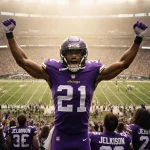 Justin Jefferson raises arms in celebration on green field with cheering Vikings fans and golden glow.