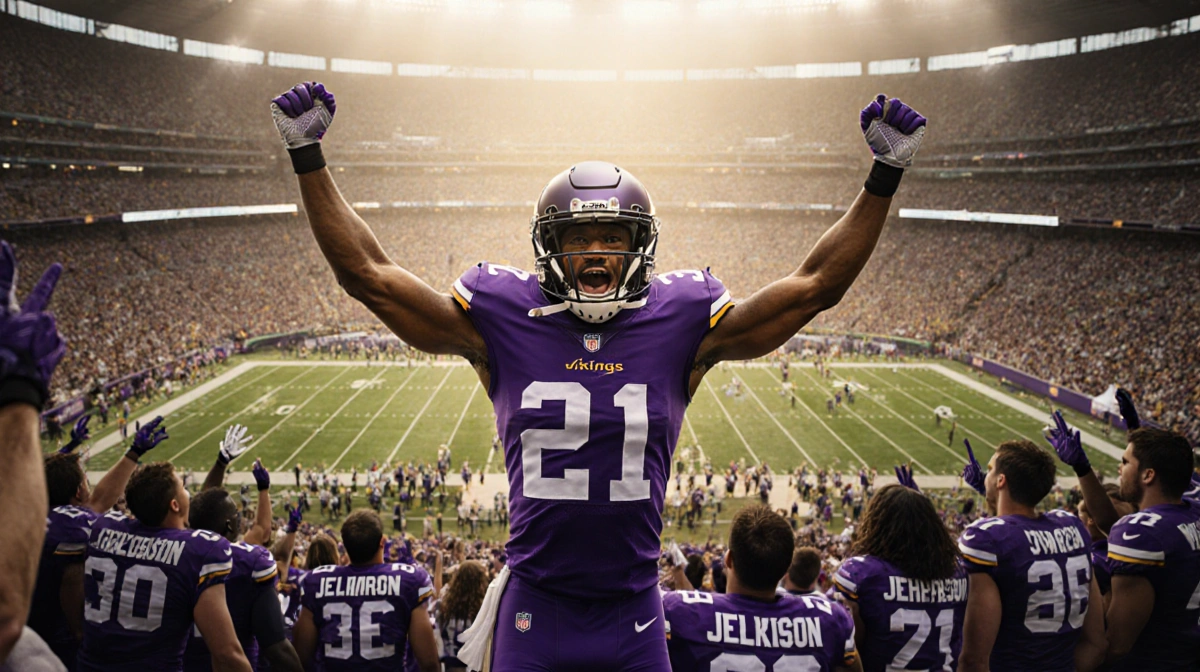 Justin Jefferson raises arms in celebration on green field with cheering Vikings fans and golden glow.
