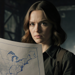 Kaitlyn Dever stands front-facing with back to camera gazing at a post-apocalyptic map with a faint silhouette in background.