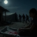 Young girl sits on stretcher with blood‑stained cloth in hand and masked men fleeing in moonlit village