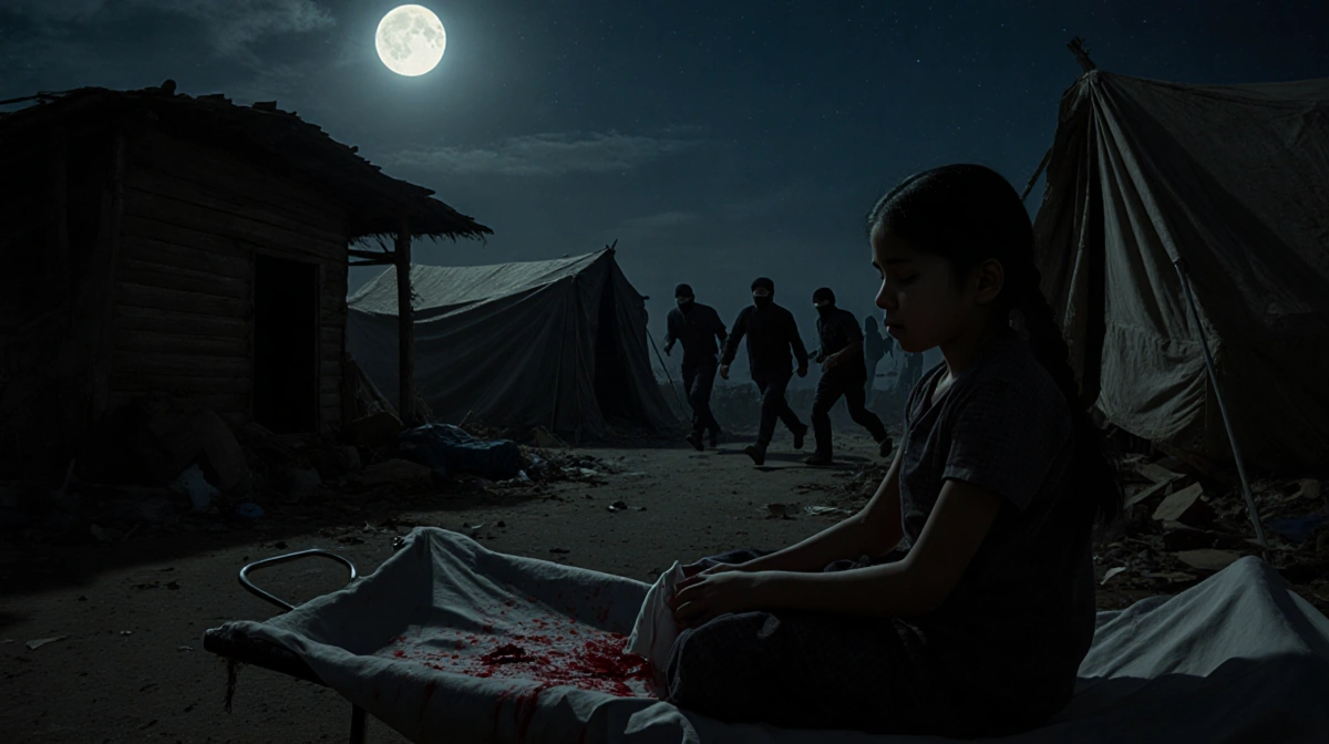 Young girl sits on stretcher with blood‑stained cloth in hand and masked men fleeing in moonlit village
