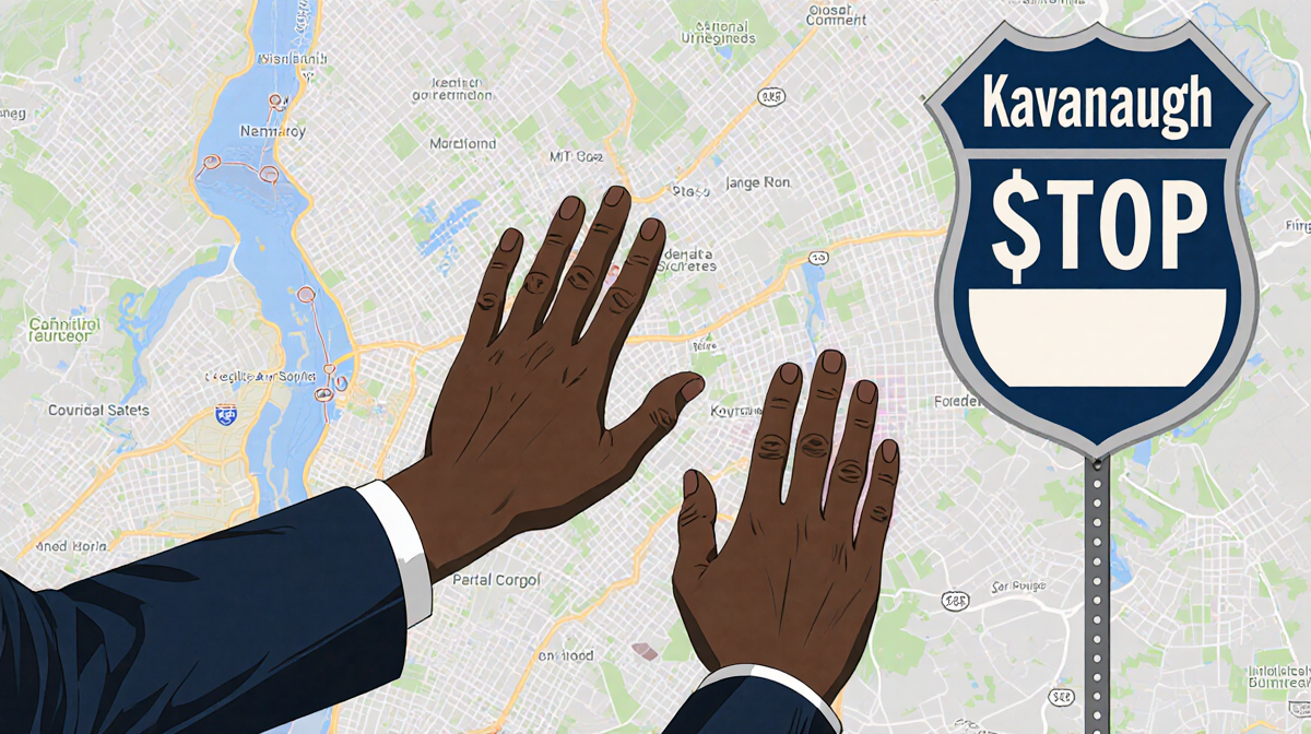 Hispanic person stopped by immigration officers with hands raised and badge reading Kavanaugh stop over a subtle map